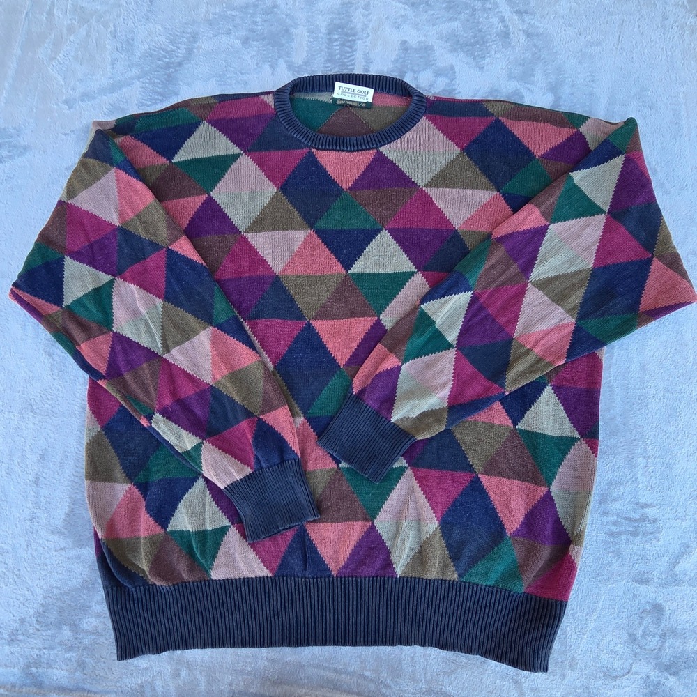 Vintage 90s Tuttle Golf Sweater Mens XXL Multi Color Fair Geometric Cotton Knit